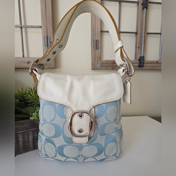 Coach Handbags - Coach Soho Buckle Hobo Glacier Blue Signature C jacquard White Leather Trim Y2K